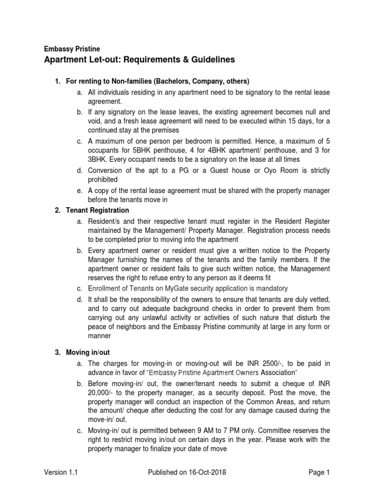 Apartment LetOut Requirements & Guidelines Embassy Pristine PDF