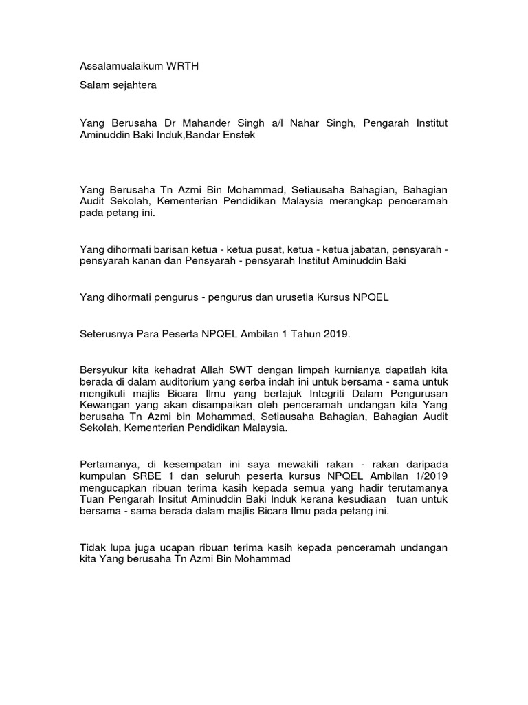 Teks Ucapan Alu Aluan Pdf