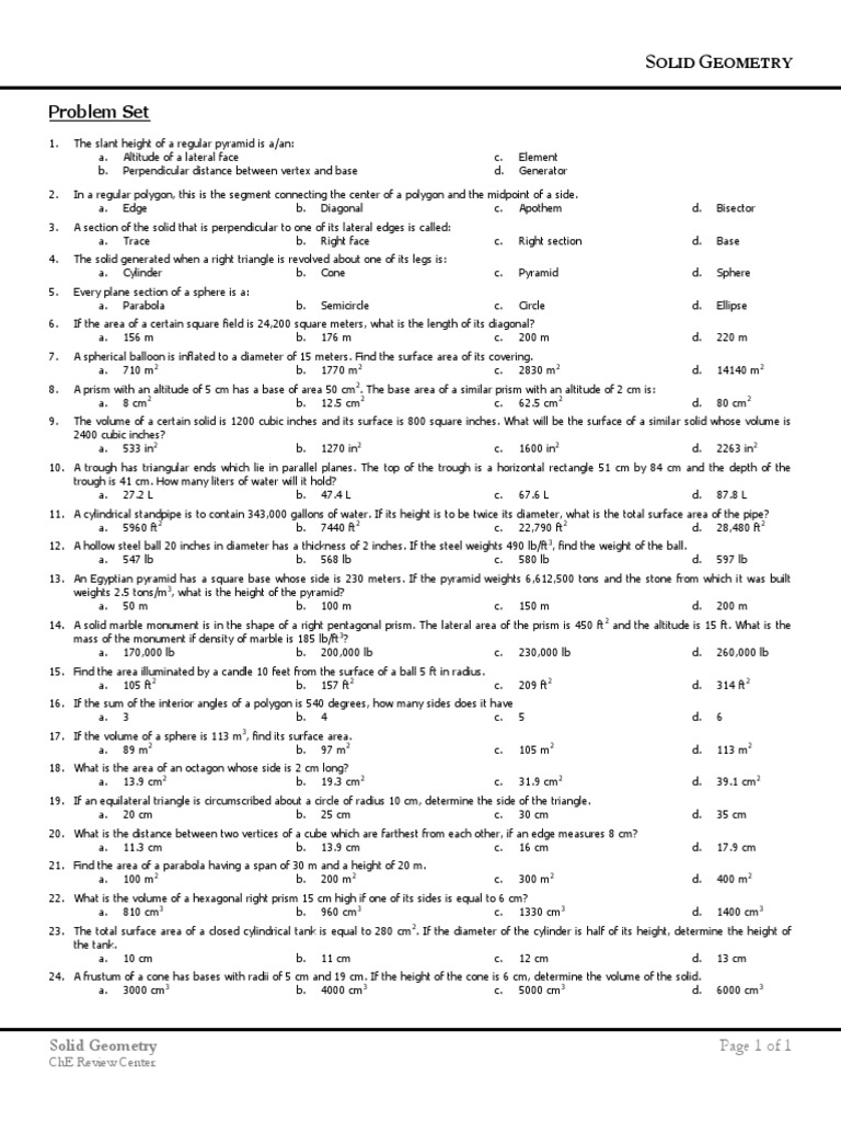 Solid Geometry Problem Set | PDF | Area | Volume