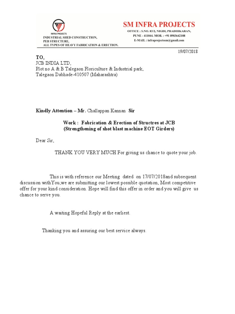 Quotation SM Infraa JCB PDF Materials Industrial Processes