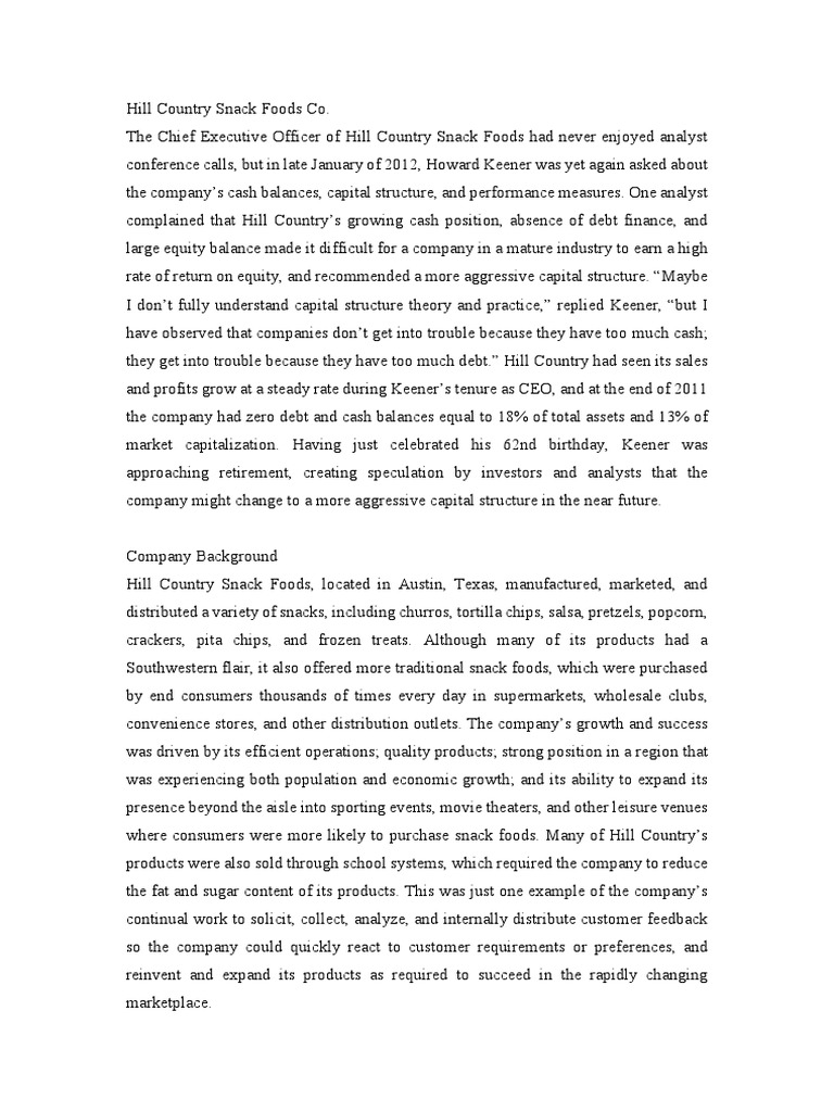Hill Country Snack Foods Co PDF Capital Structure Dividend