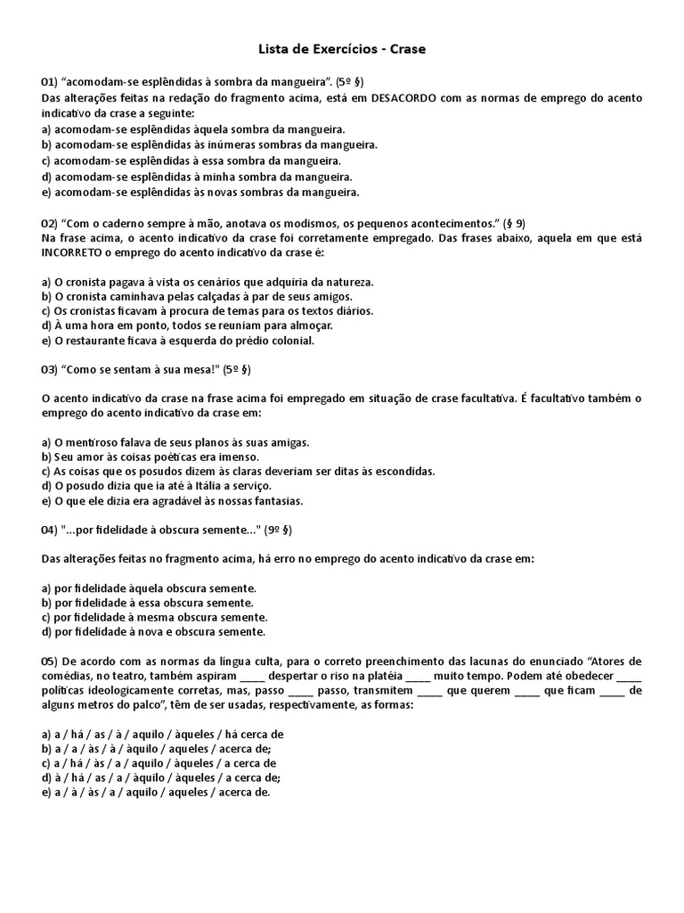 Lista de Exercícios - Crase | PDF