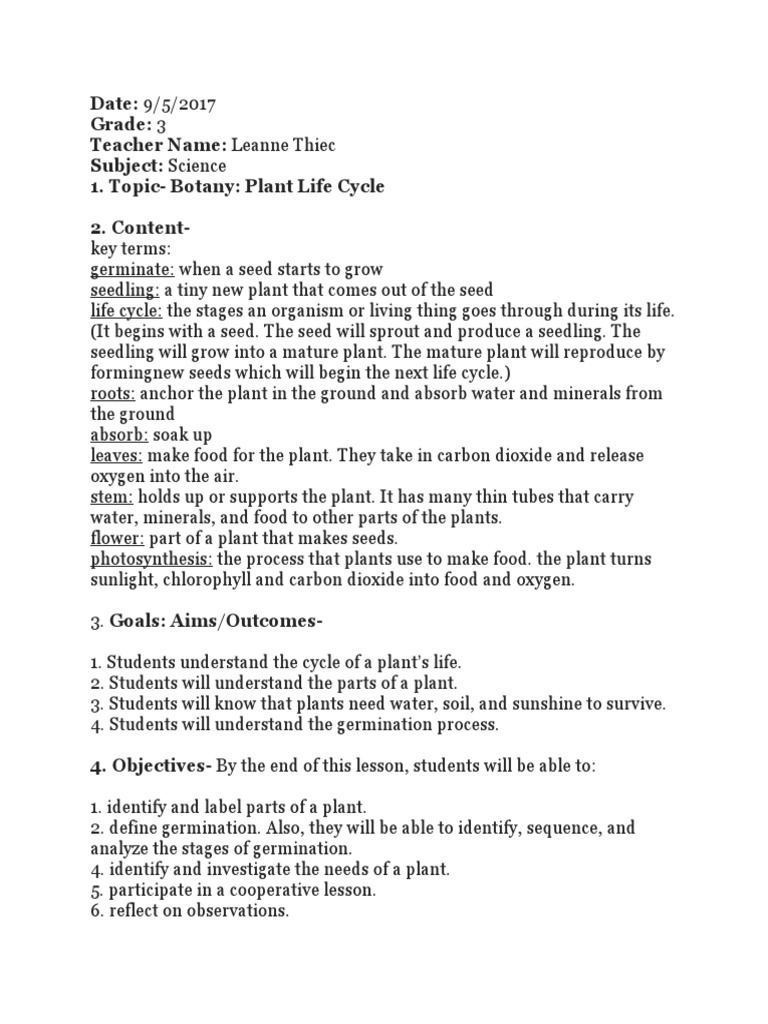 Plant Lesson Plan | PDF | Germination | Plants