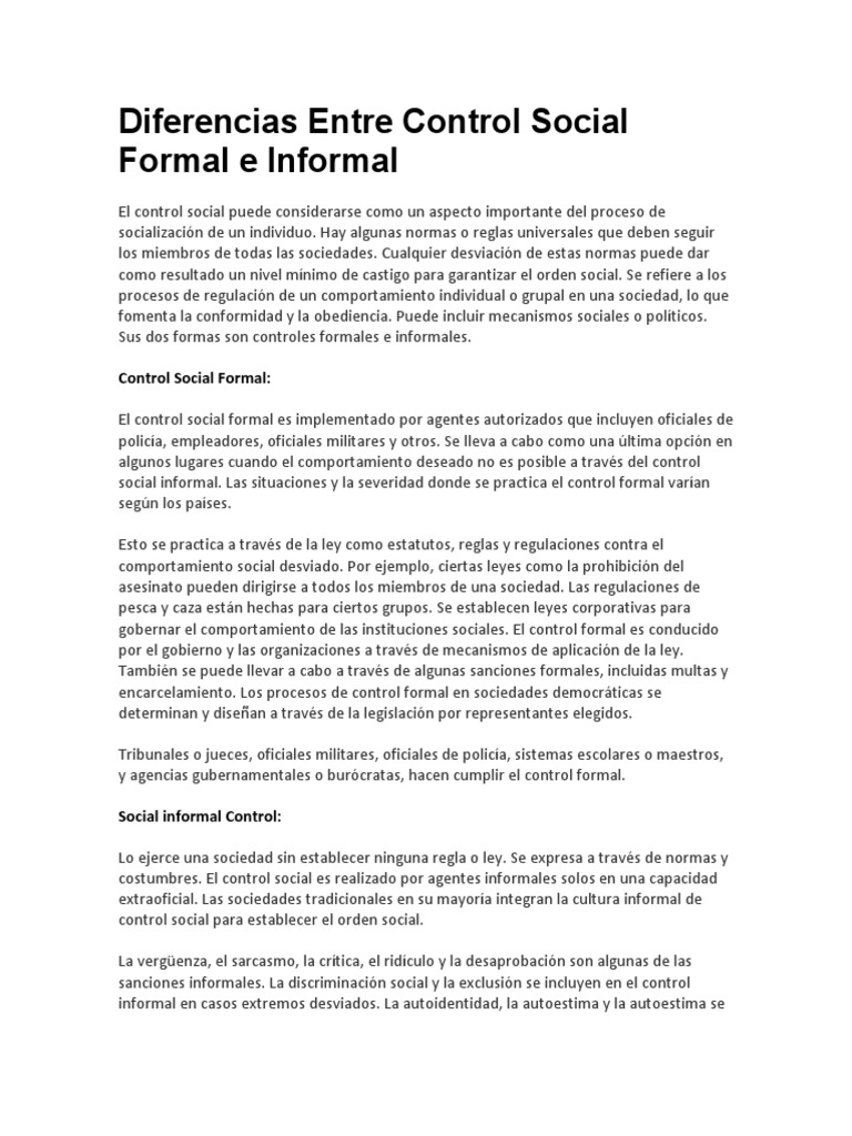 Diferencias Entre Control Social Formal E Informal PDF Sociedad