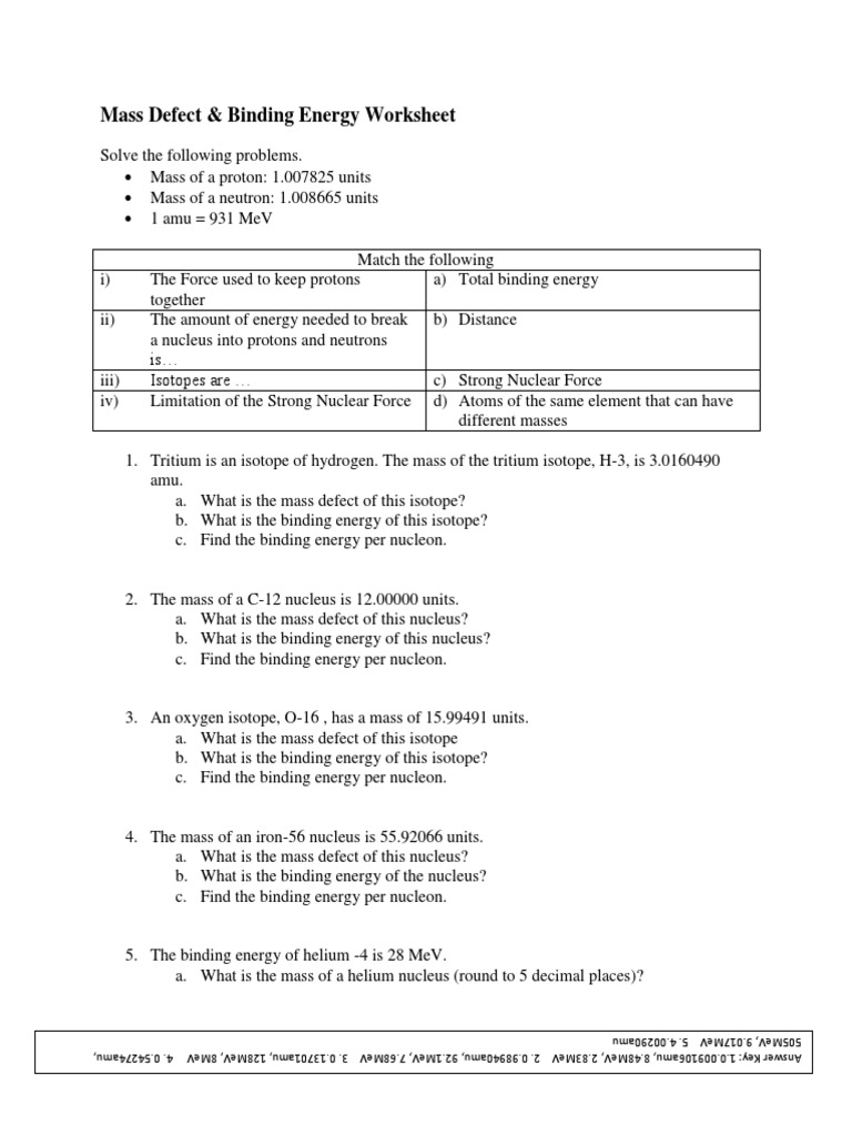 Mass Defect and Binding Energy Problems | PDF