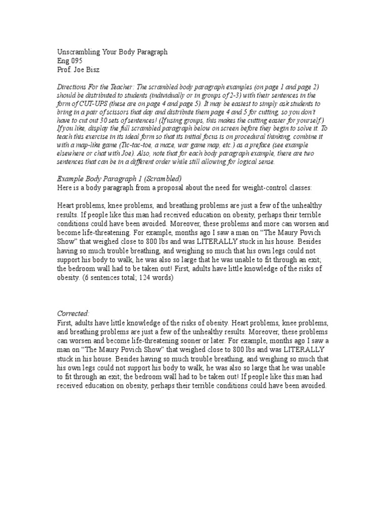 Scrambled Body Paragraph Examples | PDF | Obesity | Nutrition
