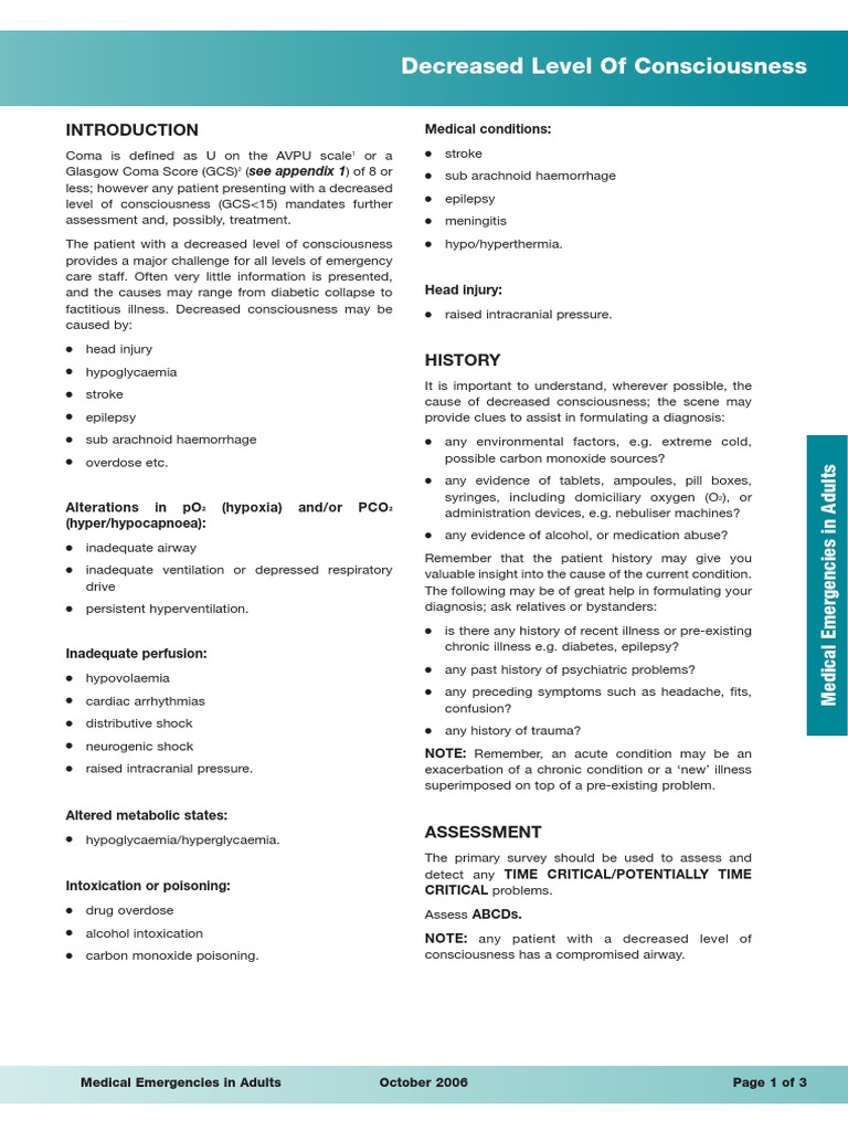 Decreased Level of Consciousness 2006 PDF PDF Coma Hypoglycemia