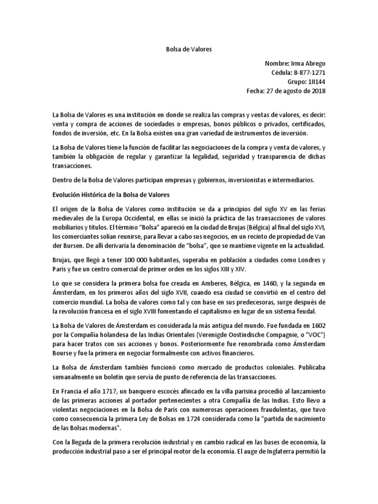 Historia y Función de la Bolsa de Valores | PDF | Bolsa | Mercados ...