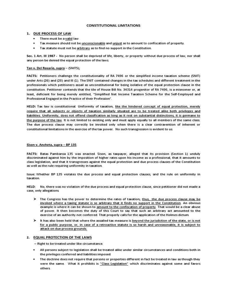 Constitutional Limitations 1. Due Process of Law PDF Equal