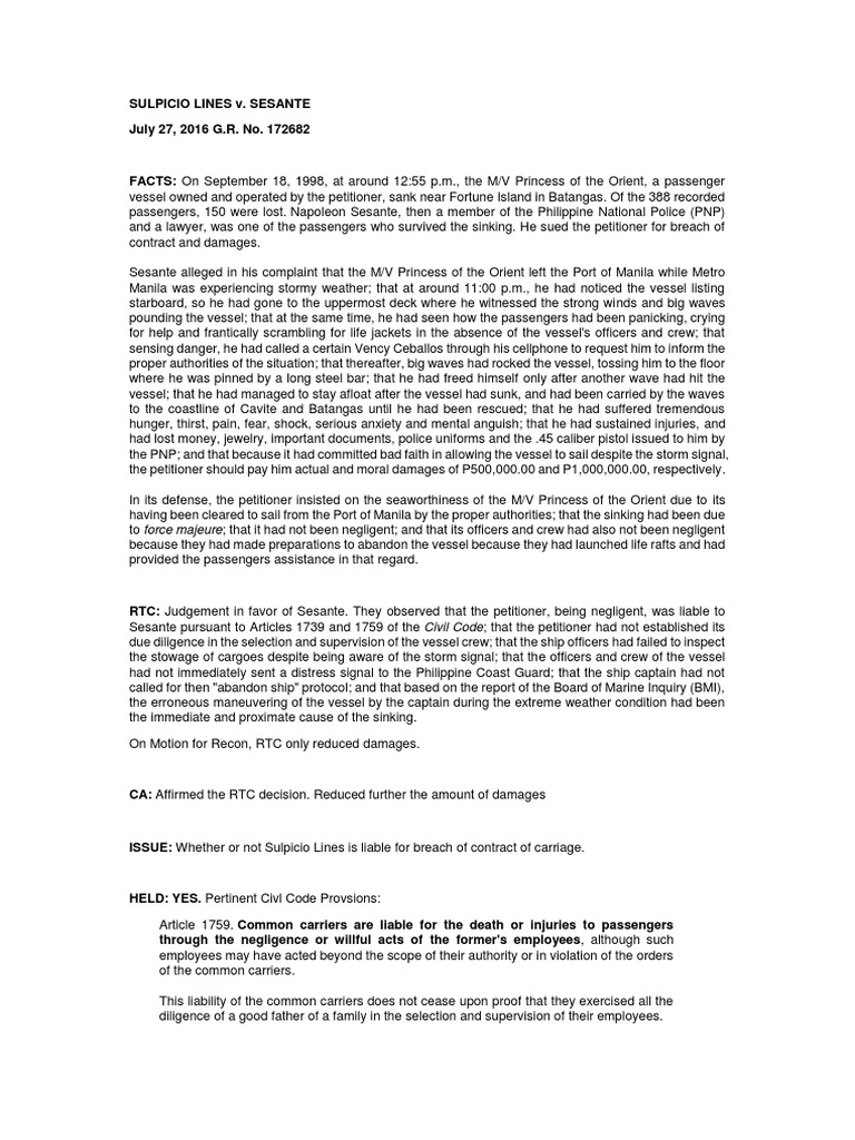 Sulpicio Lines v. Sesante PDF Negligence Civil Law (Legal System)