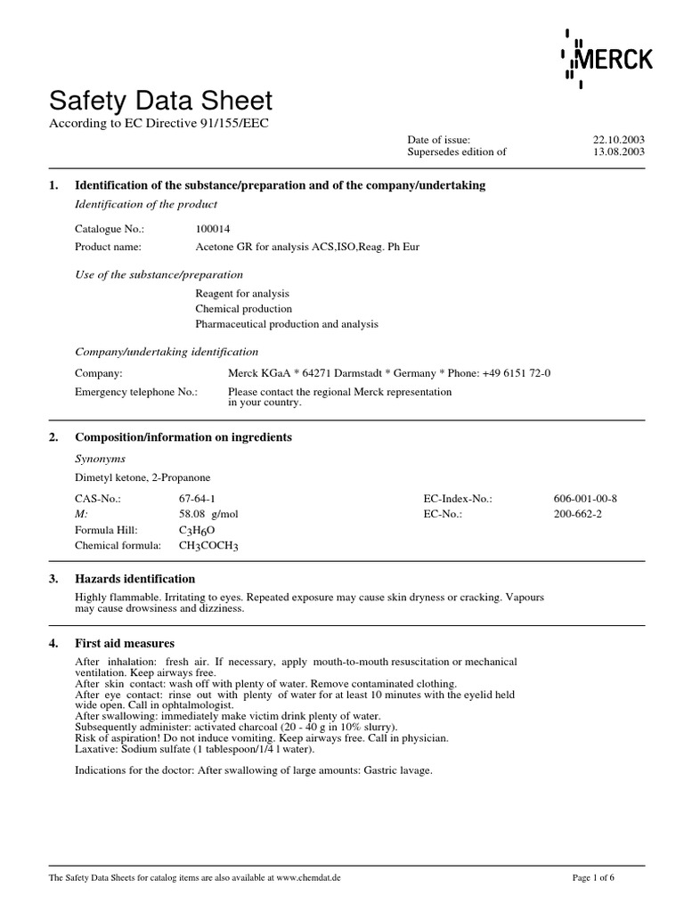 Acetone Merck Firefighting Personal Protective Equipment