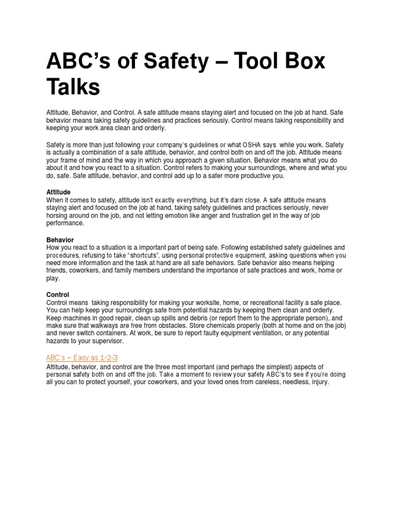 ABC's of Safety Tool Box Talks PDF