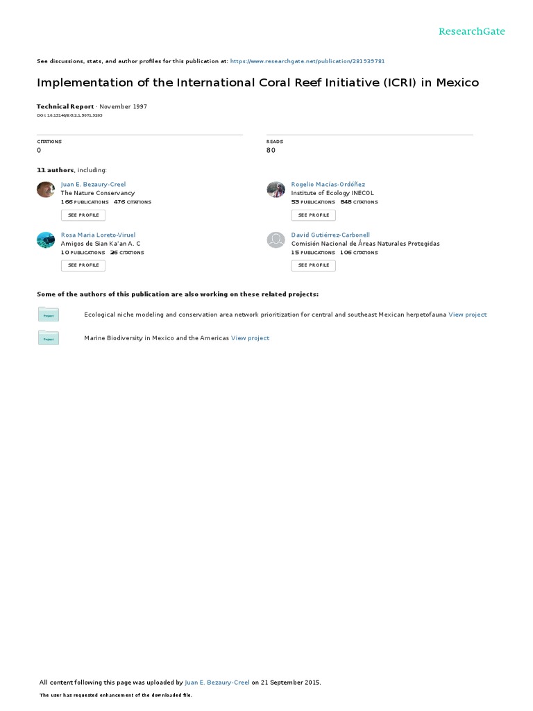 1997implementationicriinmexico Pdf Coral Reef Conservation Biology