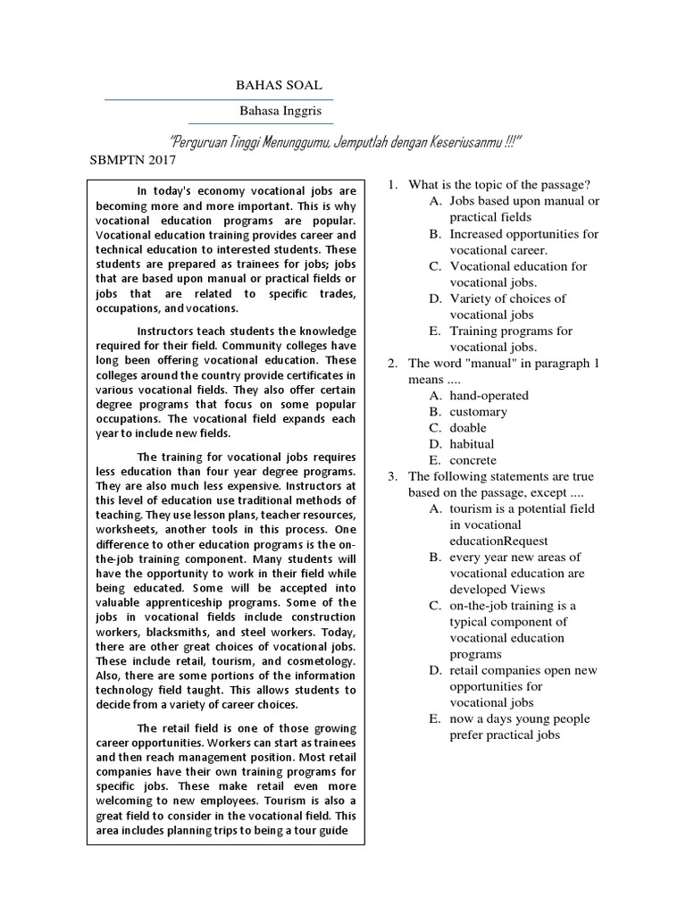 Bahas Soal Sbmptn Bahasa Inggris Vocational Education Behavior Modification