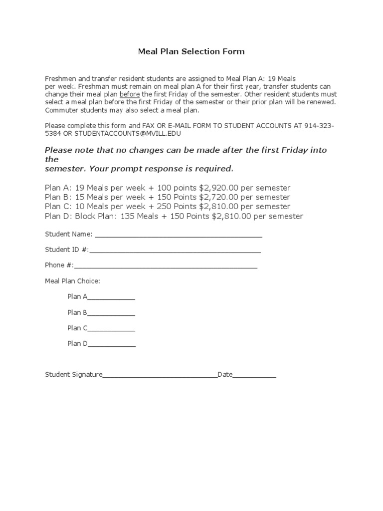 Meal Plan Selection Form PDF | PDF