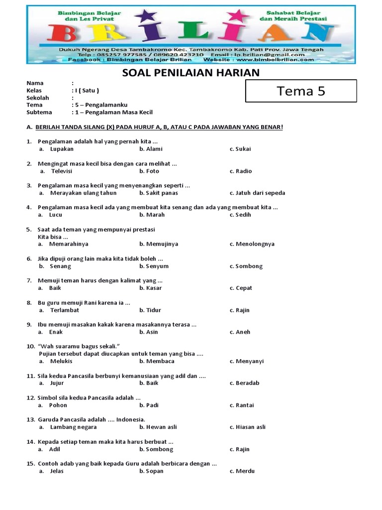 Soal Kelas 1 Tematik