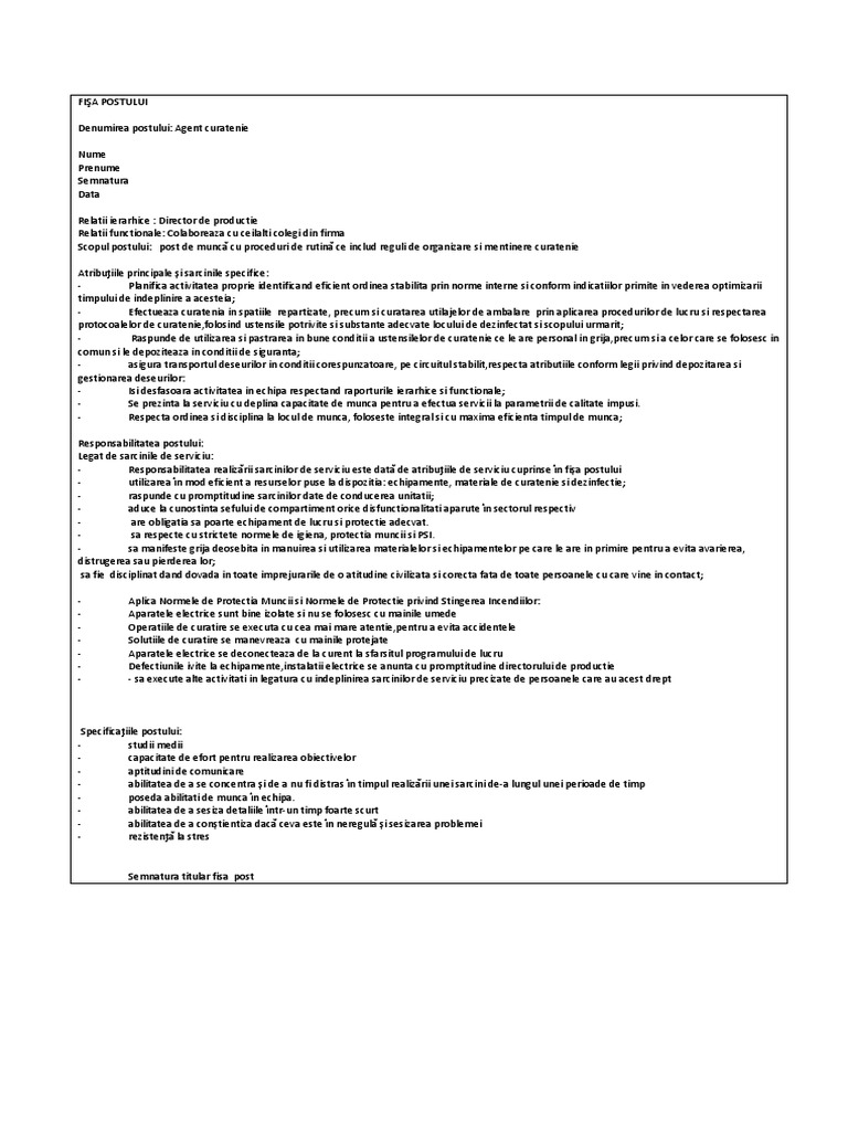 FISA de POST Agent Curatenie PDF