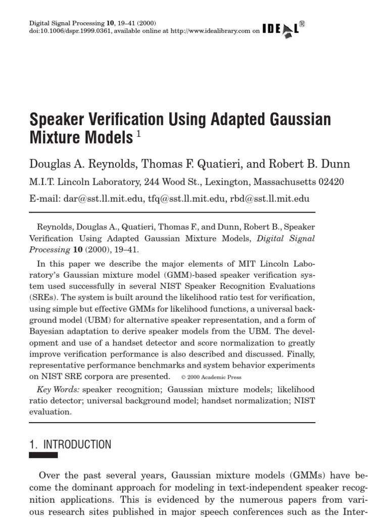 Speaker Verification Using Adapted Gaussian Mixture Models: Douglas A ...