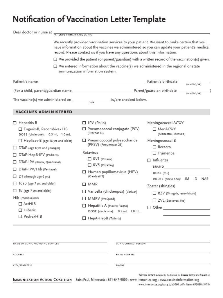 Notification of Vaccination Letter Template: Vaccines Administered ...