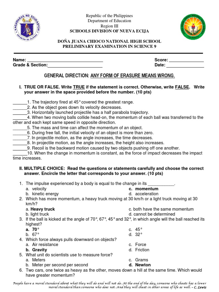 Science 9 Preliminary Exam on Force | PDF | Momentum | Collision