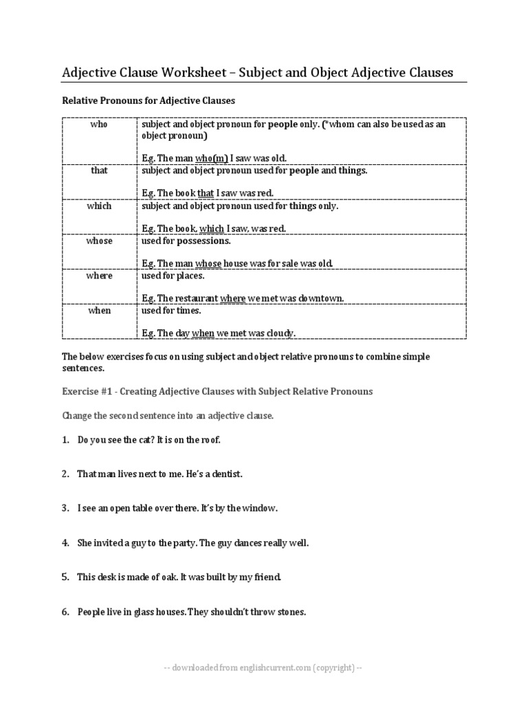 Adjective Clause Worksheet Esl Docx Pronoun Clause
