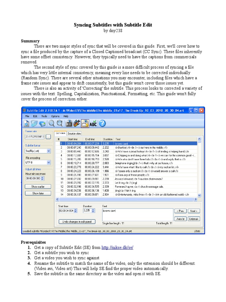 Syncing Subtitles with Subtitle Edit Guide | PDF | Video | Computing