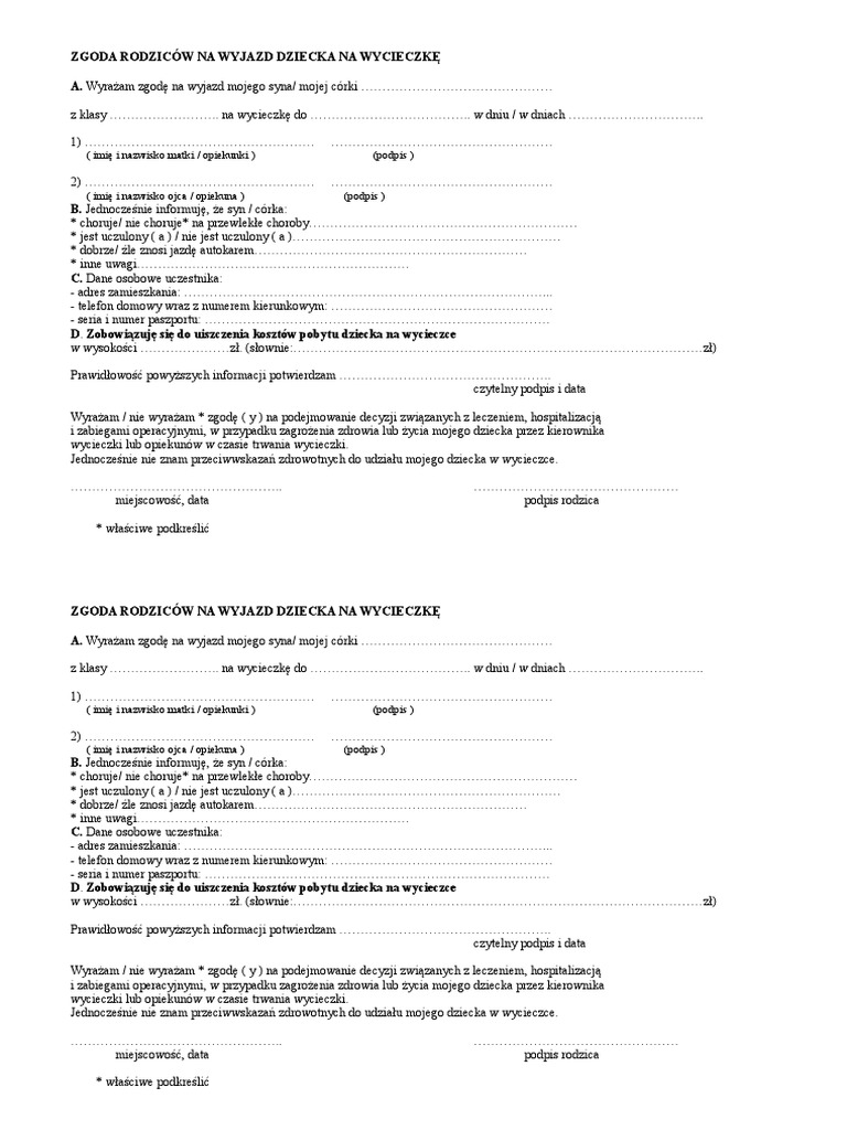 Zgoda Na Wyjazd Dziecka Za Granicę Wzór Pdf
