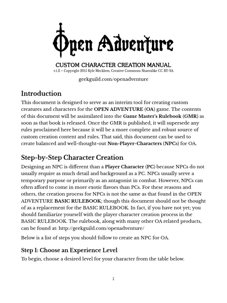 Open Adventure: Custom Character Creation Manual | PDF | Nature