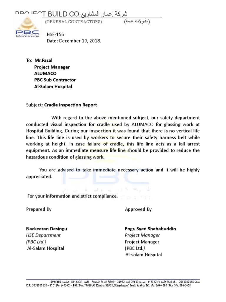 Cradle Safety Inspection for ALUMACO | PDF | Business | Technology ...