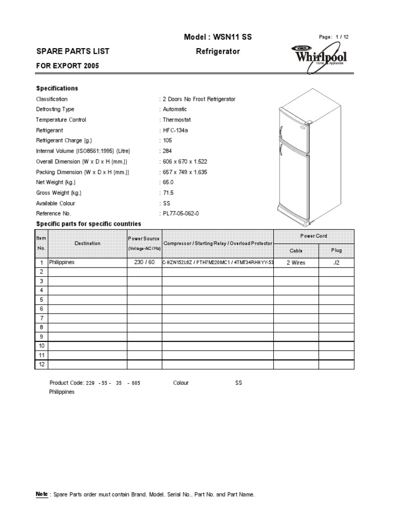 Whirlpool WSN11 SS Parts List | PDF | Refrigerator | Engineering ...