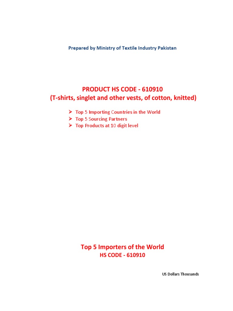 Product Hs Code 610910 (TShirts, Singlet and Other Vests, of Cotton