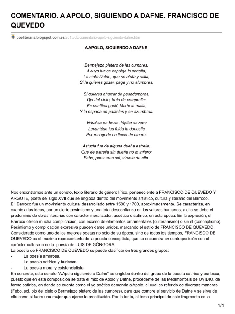 Quevedo. A Apolo Siguiendo A Dafne | PDF | Oración (Lingüística) | Poesía, image size:768x1024