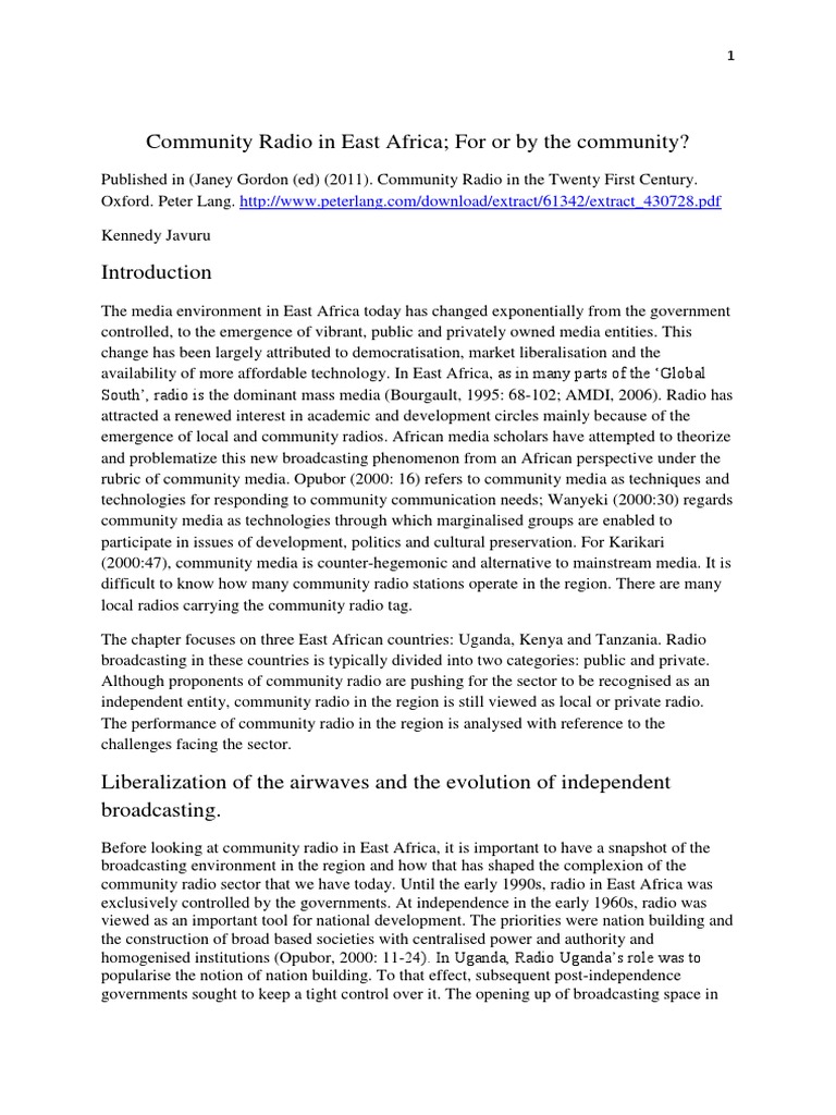 Community Radio In East Africa For Or By The Community Pdf Kenya Uganda
