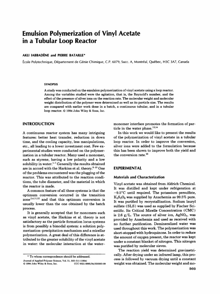 Emulsion Polymerization of Vinyl Acetate in a Tubular Loop Reactor ...