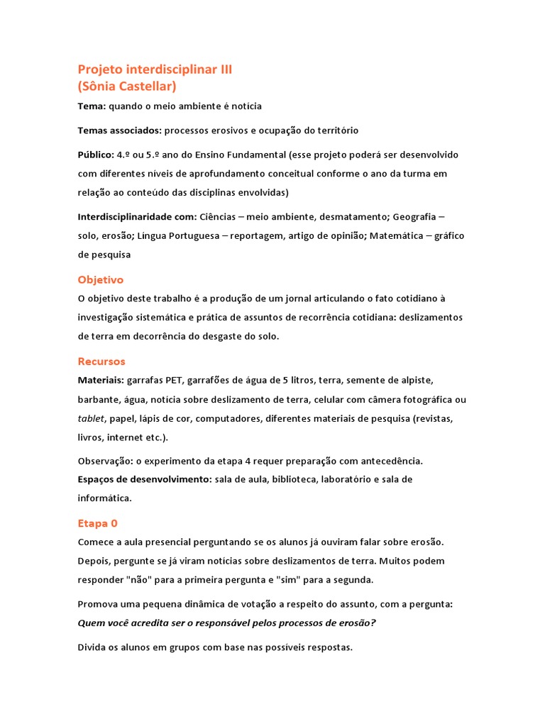 Modelo de Projeto Interdisciplinar | Interdisciplinaridade | Erosão