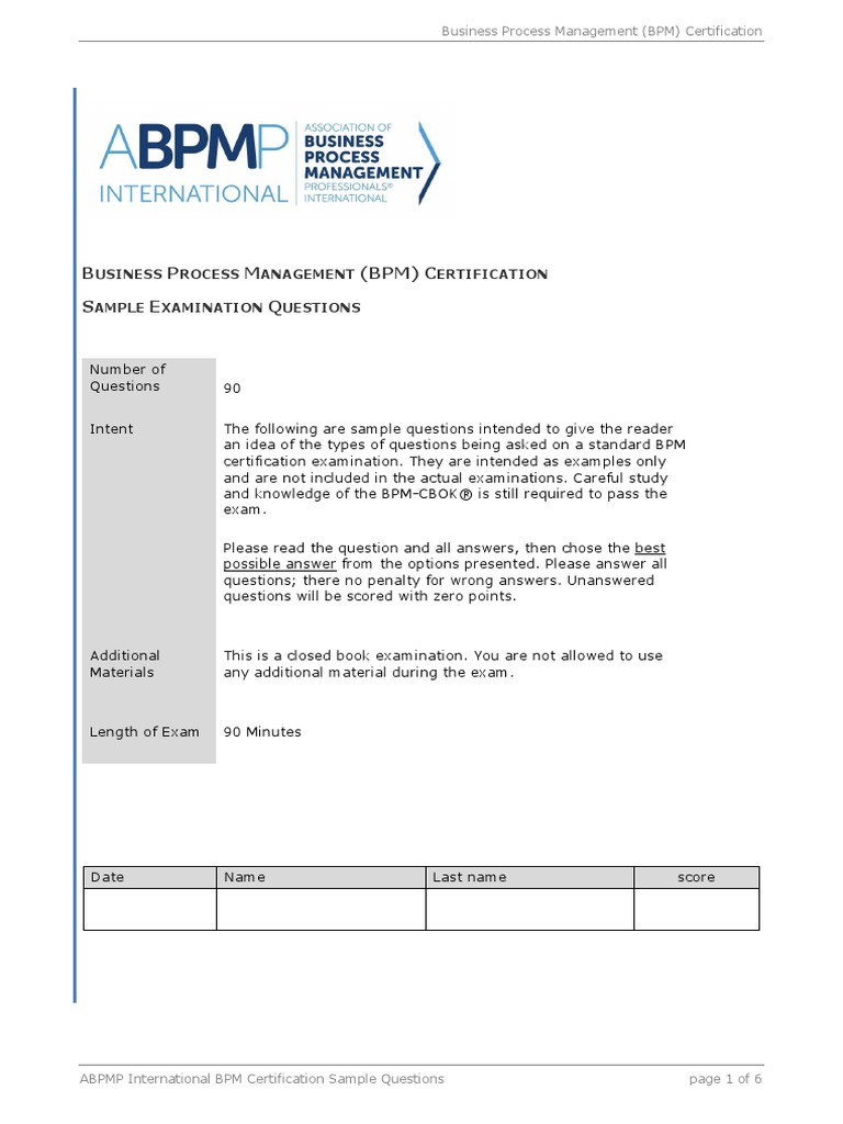 B P M (BPM) C S E Q: Usiness Rocess Anagement Ertification Ample ...