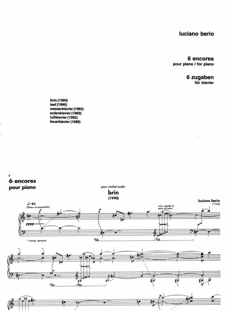 Luciano Berio Interlinea ピアノ楽譜 Berio Luciano - 6 Encores Pour Piano | PDF