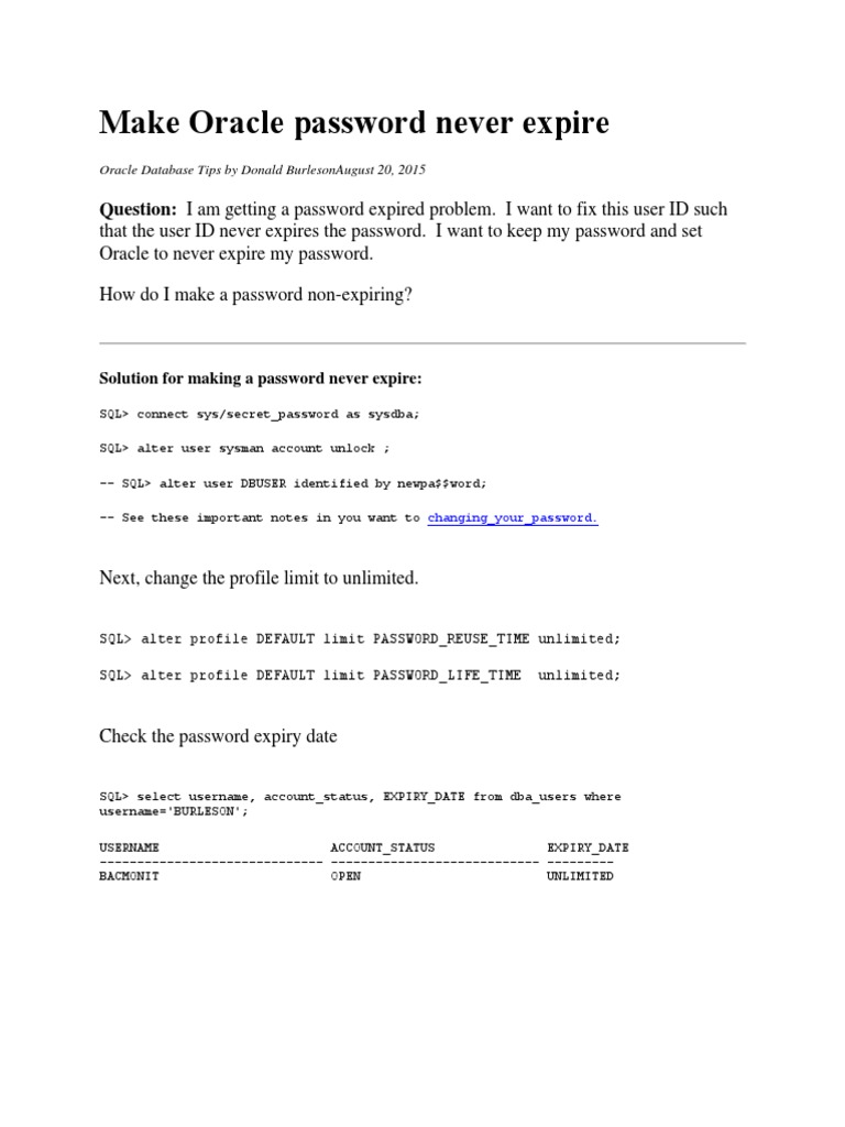 Make Oracle Password Never Expire: Question: I Am Getting A Password ...