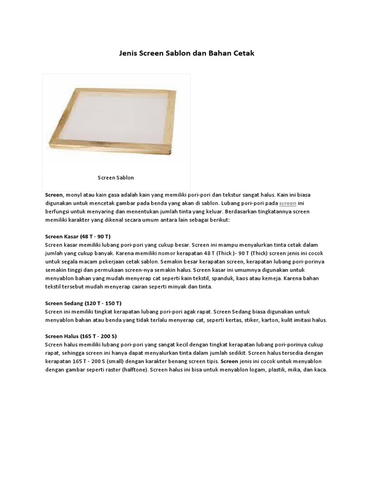 Jenis-Jenis Screen Sablon dan Fungsinya | PDF