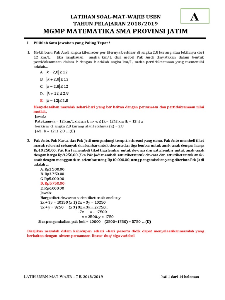 Pembahasan Latihan Usbn Mat Wajib Th 2018 2019 A