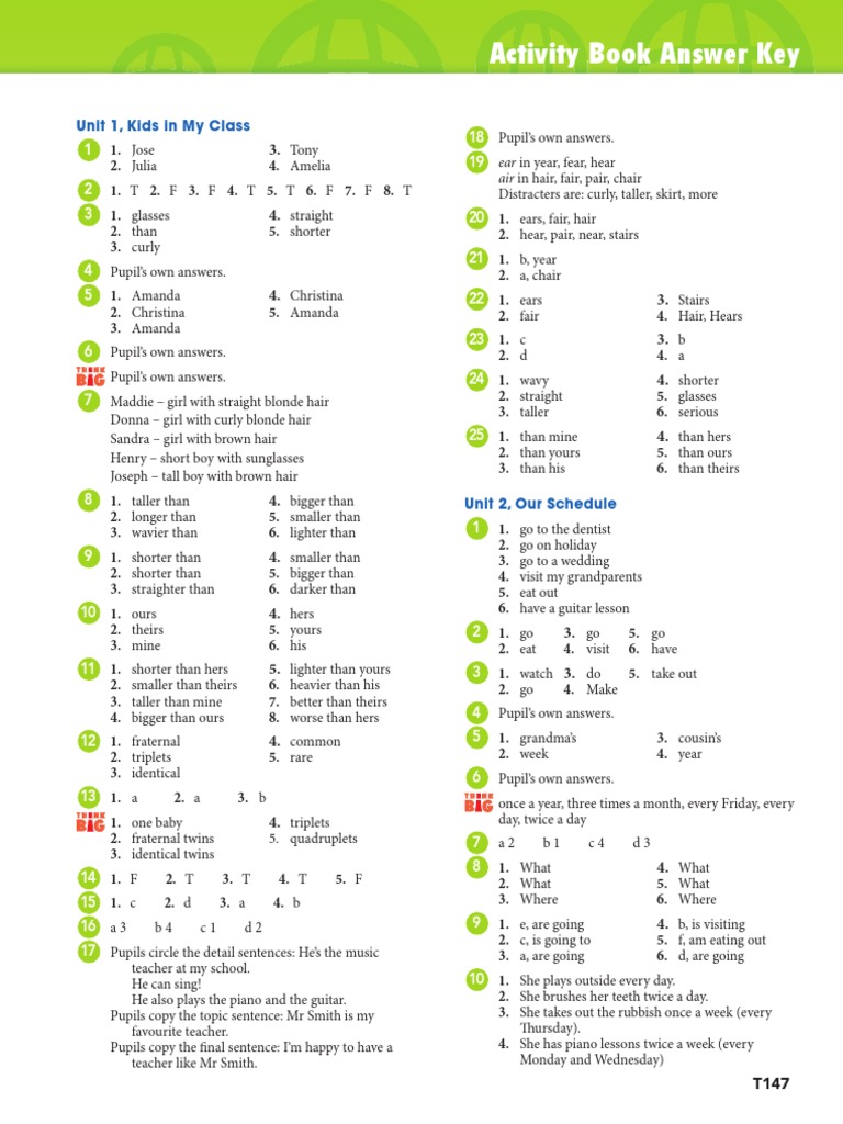 Activity Book Answer Key Unit 1, Kids in My Class Multiple Births Vegetables