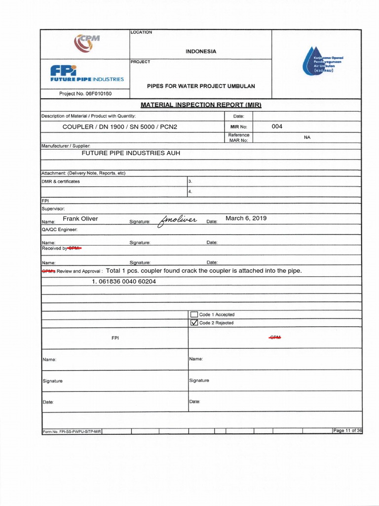 Coupler Inspection Report - DN 1900 | PDF
