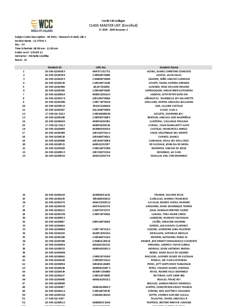 Class Master List (Enrolled) World Citi Colleges PDF