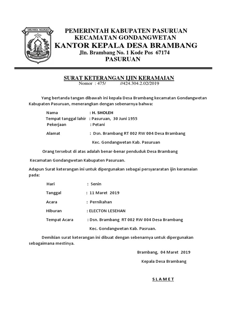 Contoh Surat Izin Keramaian Desa | PDF