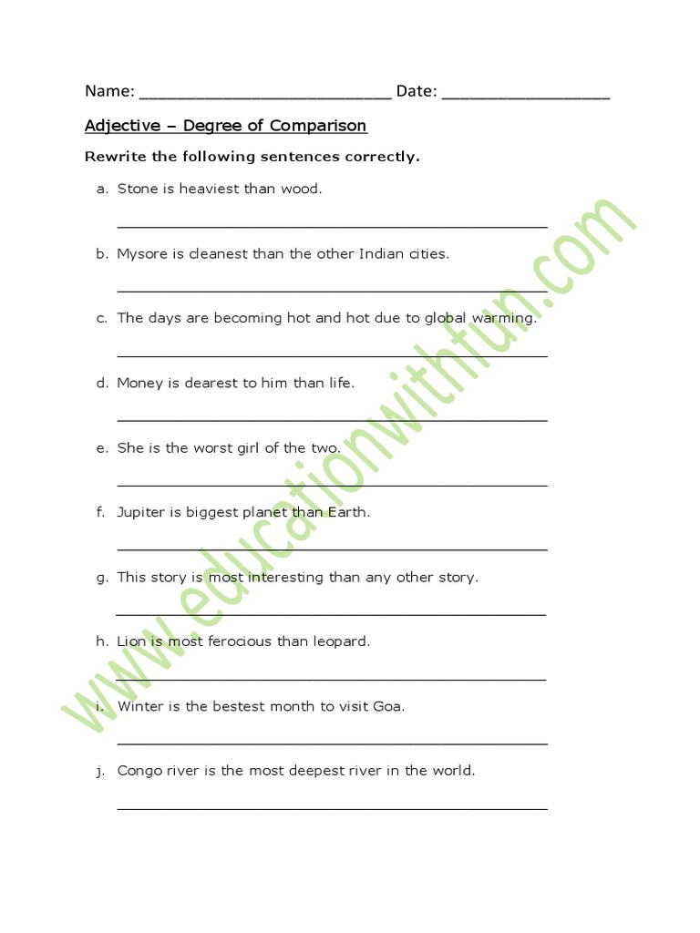 Degree of Comparison Worksheet 3 PDF