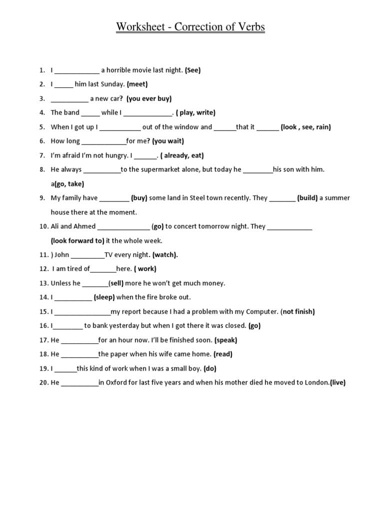 Verb Correction Worksheet | PDF