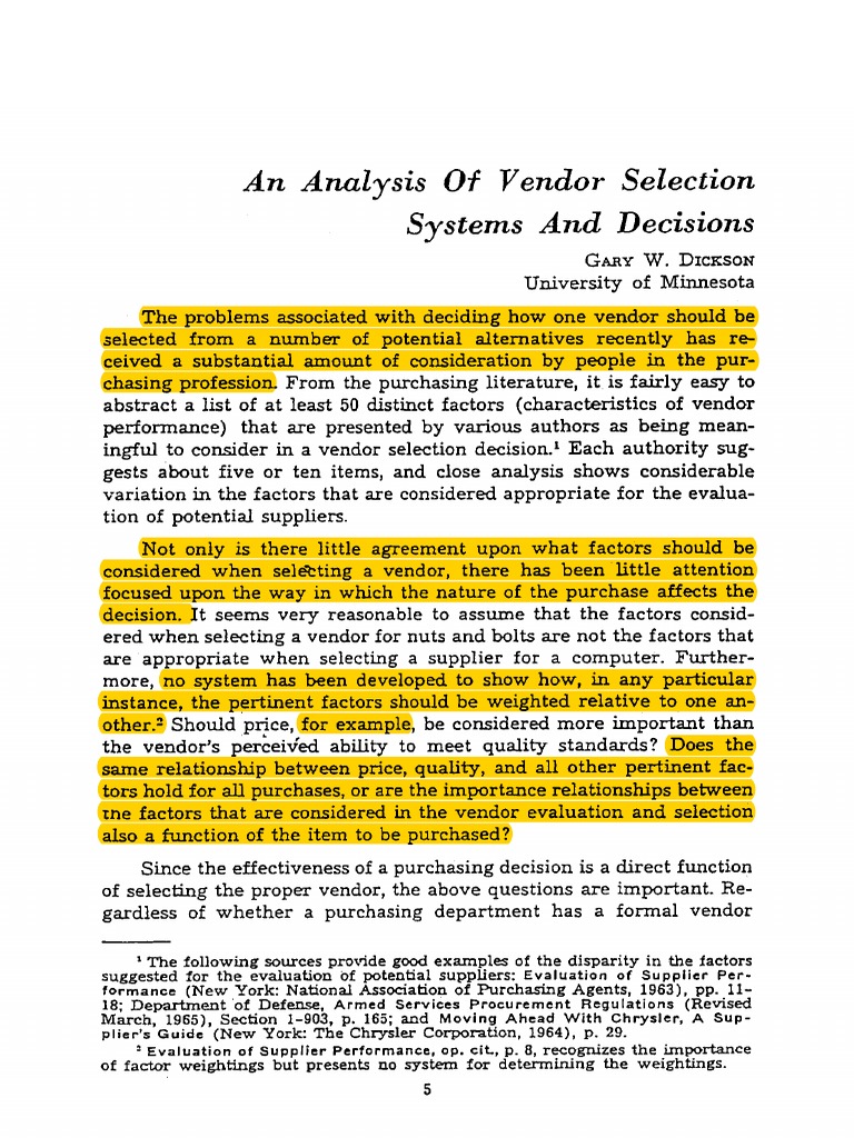 Vendor Selection Factors And Weighting Based On Purchase Type | PDF ...
