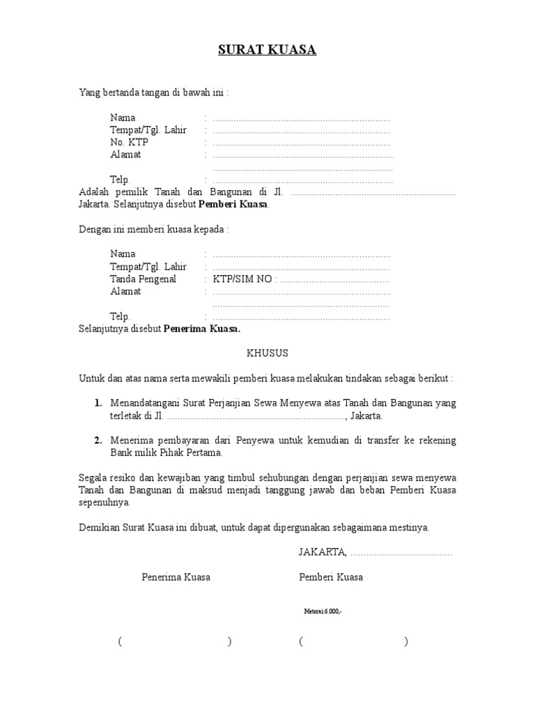 Surat Kuasa Sewa Menyewa