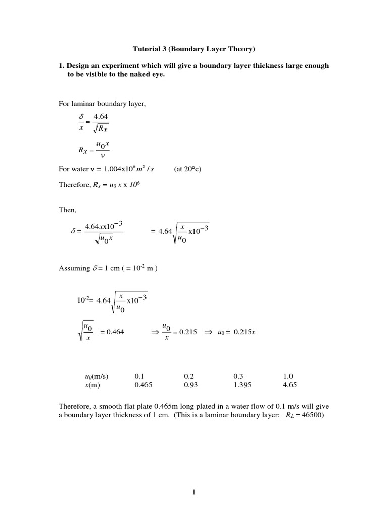 Tutorial 3 (Boundary Layer Theory) PDF Boundary Layer Fluid Dynamics