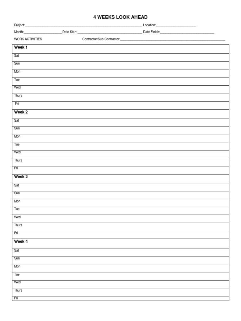 4-Week Look Ahead Schedule Template | PDF | Business | Finance & Money ...
